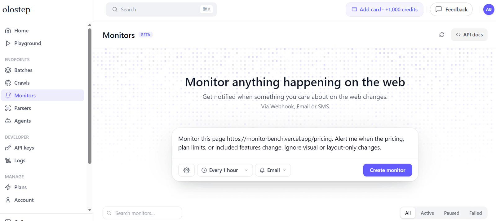 Olostep dashboard Monitors tab.